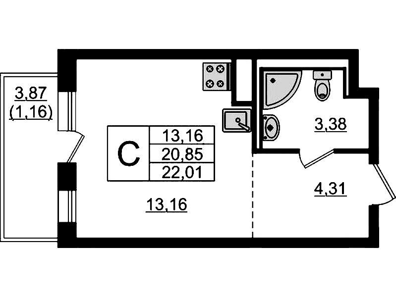 Квартира студия 22.01 м², 7/12 эт., ЖК «Новые Лаврики»